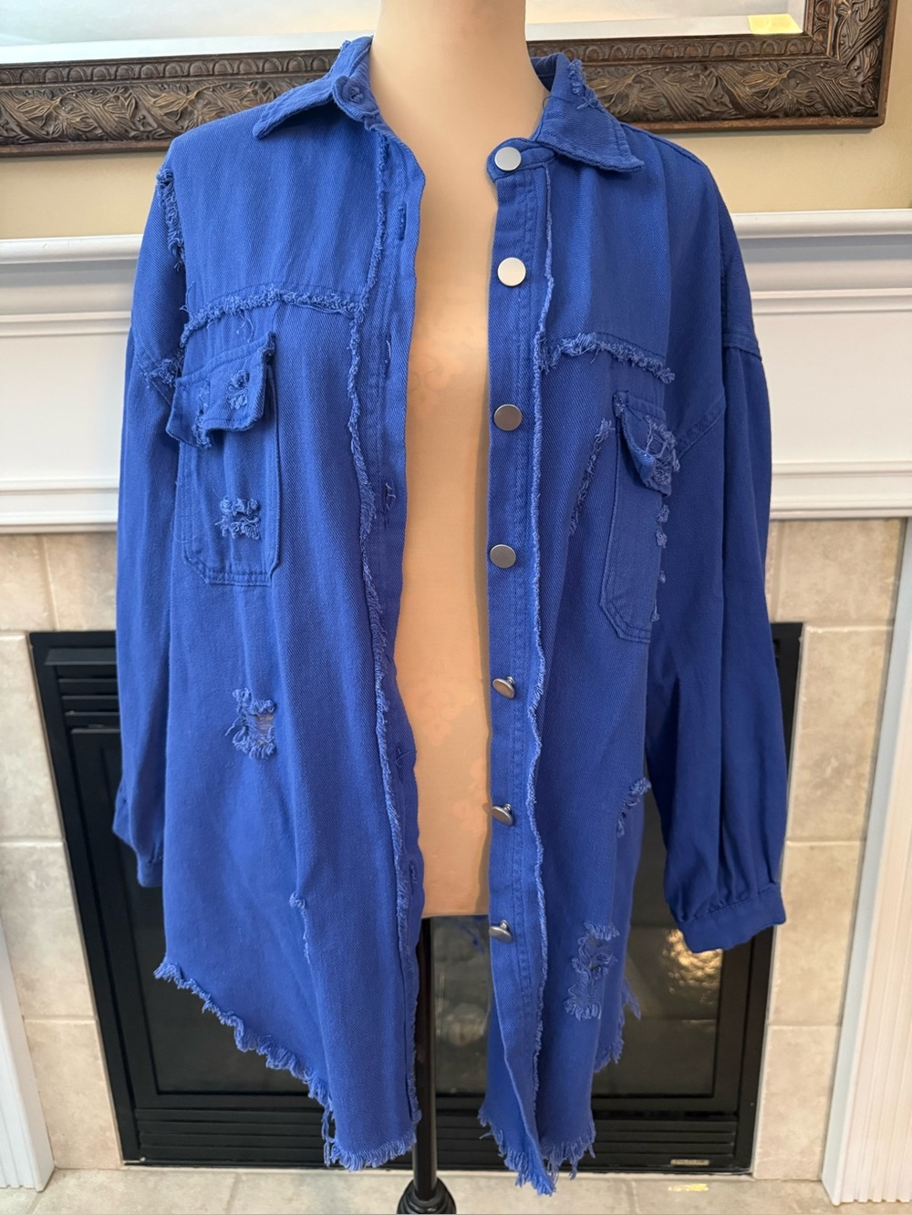 Blue Distressed Button-Front Women's Jean Shirt Jacket XL